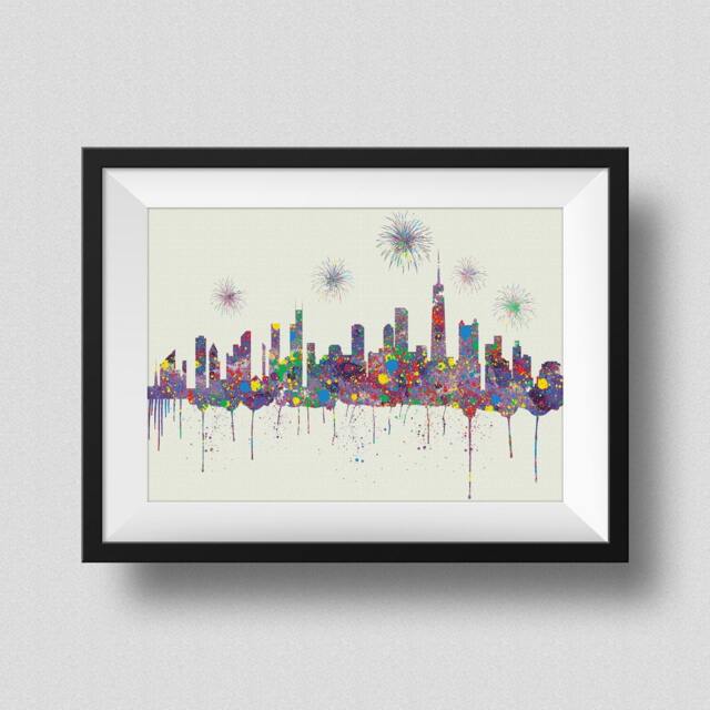 Chicago Skyline Watercolor Map Art Print City Ink Splash Poster Canvas
