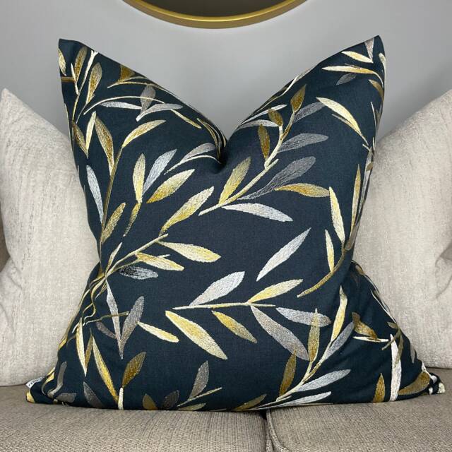 Leaf Trail Cushion Cover, Pillow Sham , John Lewis Langley Furnishing Fabric, Graphite - Embroidered Leaves Gold Charcoal - image 1