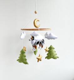 Dog Mobile For Nursery, Australian Shepherd Baby Mobile, Gender Neutral Puppy Cot Crib With Clouds, Boho Nursery - thumbnail 1