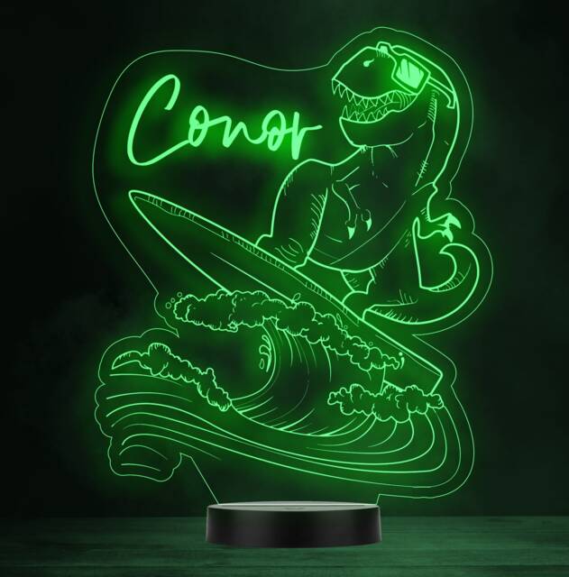 T-Rex Surfer Dinosaur Personalised Gift Colour Changing Led Lamp Night Light - image 1