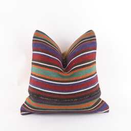 Vintage Turkish Kilim Pillow Cover Handwoven Wool Cushion, 16x16 - thumbnail 1