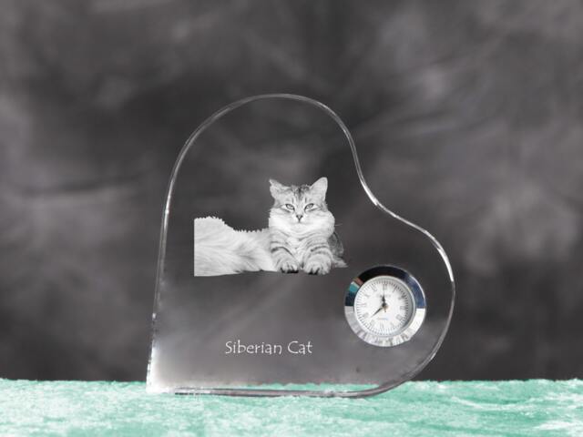 Siberian Cat - Crystal Clock in The Shape Of A Heart With Image Pure-Bred Cat - image 1