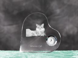 Siberian Cat - Crystal Clock in The Shape Of A Heart With Image Pure-Bred Cat - thumbnail 1