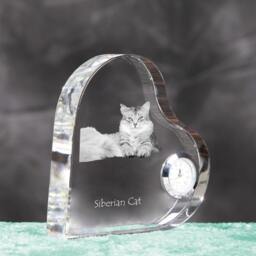 Siberian Cat - Crystal Clock in The Shape Of A Heart With Image Pure-Bred Cat - thumbnail 3