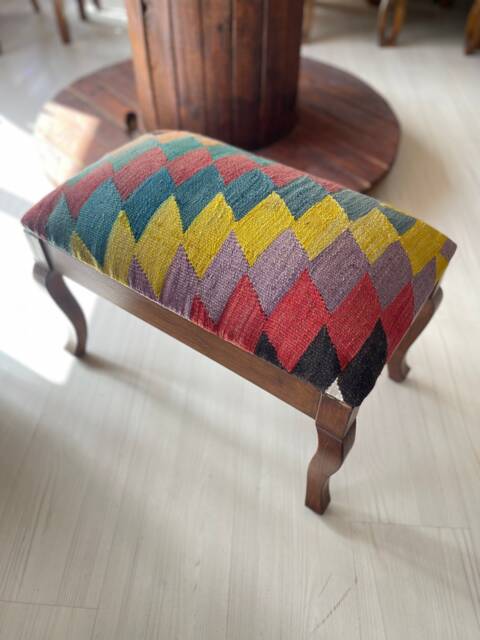 Vintage Kilim Ottoman Stool, Beech Wood Legs, Shellac Finish - image 1