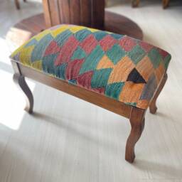 Vintage Kilim Ottoman Stool, Beech Wood Legs, Shellac Finish - thumbnail 2