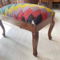 Vintage Kilim Ottoman Stool, Beech Wood Legs, Shellac Finish - thumbnail 3