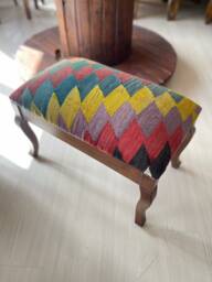 Vintage Kilim Ottoman Stool, Beech Wood Legs, Shellac Finish - thumbnail 1