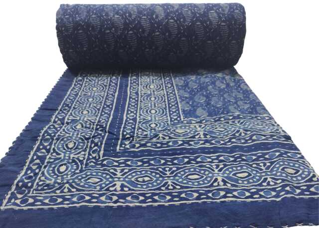 Handmade Indigo Kantha Quilt Vintage Bohemian Cotton Bedspread - image 1