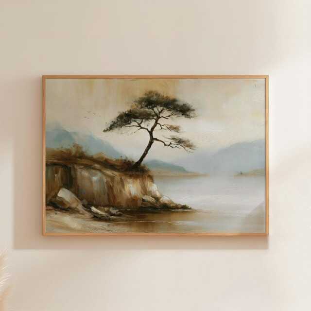 Pine Tree Cliff Poster, Lakeside Landscape Print, Nature Wall Art, Paper - image 1