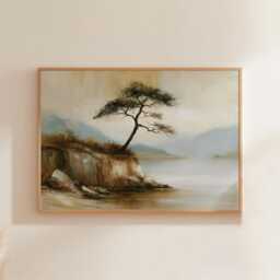 Pine Tree Cliff Poster, Lakeside Landscape Print, Nature Wall Art, Paper - thumbnail 1