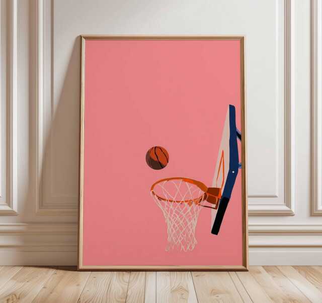 Basketball Wall Art - Modern Sports Poster Minimalist Hoop Print Pink Background Artwork Athletic Home Decor - image 1