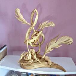 G Clef Sculpture, Treble Clef Wooden Treble Clef, Feathers, Unique Gift, Sculpture - thumbnail 2