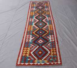 3x10 Geometric Kilim Rug, Vibrant Colors Veg Dyes Wool Handmade Afghan Flatweave Modern Runner Rug, Hallway Rug - thumbnail 1