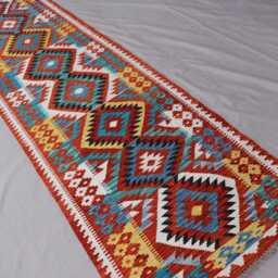 3x10 Geometric Kilim Rug, Vibrant Colors Veg Dyes Wool Handmade Afghan Flatweave Modern Runner Rug, Hallway Rug - thumbnail 2
