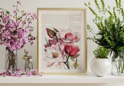 Antique Magnolia Flower Print On Upcycled Book Page - Classic Floral Collage Wall Art Unique Literary Gift For Her Elegant Home Decor - thumbnail 1