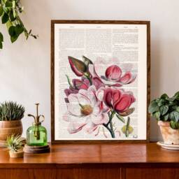 Antique Magnolia Flower Print On Upcycled Book Page - Classic Floral Collage Wall Art Unique Literary Gift For Her Elegant Home Decor - thumbnail 3
