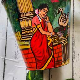 Raja Ravi Verma Damyanti & Swan Inspired Indian Traditional Woman Handpainted Galvanised Metal Planter/ Vase/Pot, Indian Decor, 8 Inch Pot - thumbnail 2