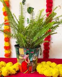 Raja Ravi Verma Damyanti & Swan Inspired Indian Traditional Woman Handpainted Galvanised Metal Planter/ Vase/Pot, Indian Decor, 8 Inch Pot - thumbnail 1