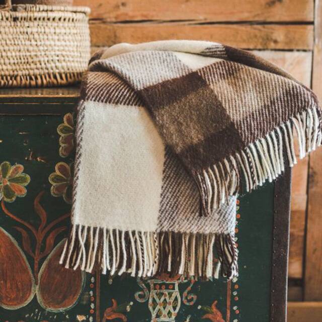 Wool Throw Blanket With Fringes in Tartan Check Beige & Brown - 51x83 Inches - 130x210 cm, 100% Organic Pure Blanket, Cozy - image 1
