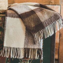Wool Throw Blanket With Fringes in Tartan Check Beige & Brown - 51x83 Inches - 130x210 cm, 100% Organic Pure Blanket, Cozy - thumbnail 3
