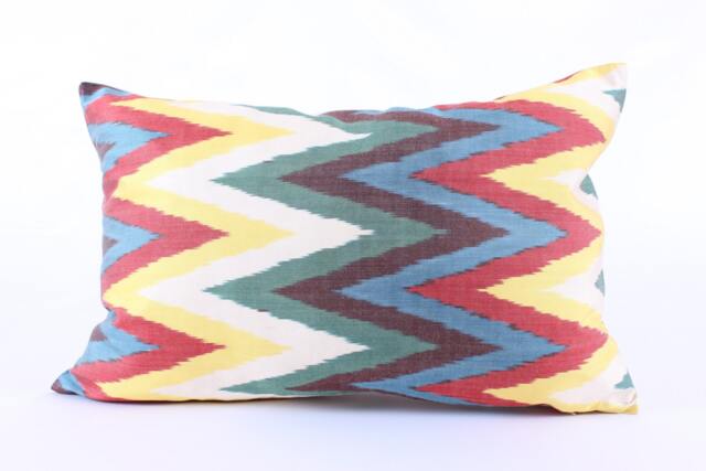 Ikat Silk Velvet Pillow 16x24 - Handmade Boho Cushion Cover Turkish Home Decor Accent - image 1