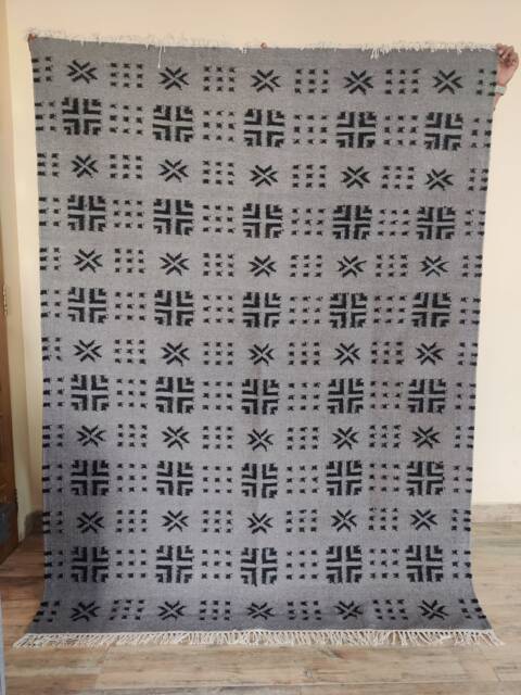 Handblock Printed Cotton Wool Rug, Black & Grey, 6x9 Area Rug - image 1