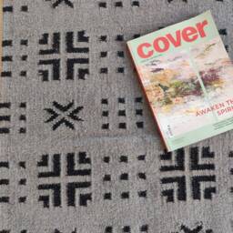 Handblock Printed Cotton Wool Rug, Black & Grey, 6x9 Area Rug - thumbnail 3