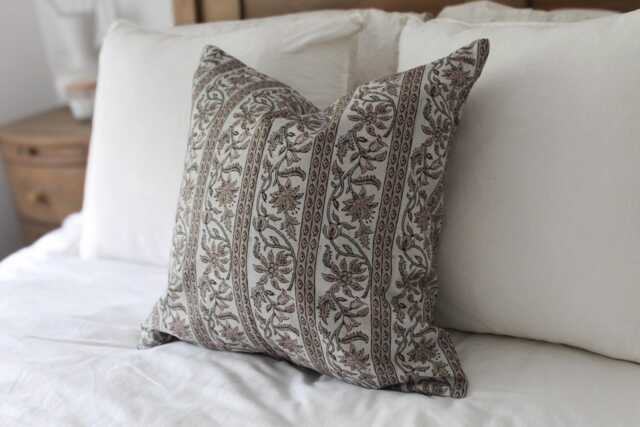 Floral Cotton Stripe Cushion With Feather Insert Grey & Pink Farmhouse Pillow 45x45cm - image 1