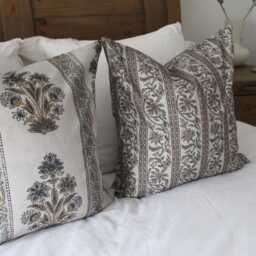 Floral Cotton Stripe Cushion With Feather Insert Grey & Pink Farmhouse Pillow 45x45cm - thumbnail 2