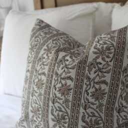 Floral Cotton Stripe Cushion With Feather Insert Grey & Pink Farmhouse Pillow 45x45cm - thumbnail 3