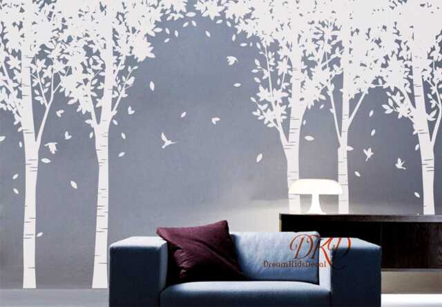 Tree Wall Decals Nursery Sticker Kids Room Decor, Vinyl Decal Home Decor Wall Mural-White With Birds Decal-Dk294 - image 1