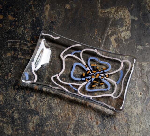 Viola ~ Fused Glass Soap/Trinket Chocolates Dish. A Hand Painted Pink & Mauve Flower With Gold Tipped Black Stamens On A Clear Base - image 1