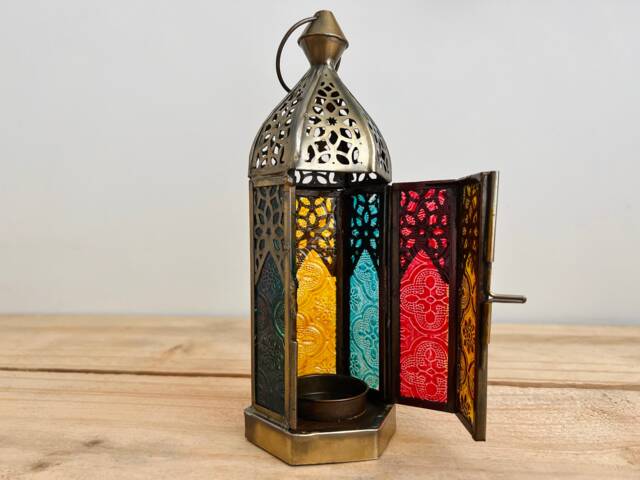 Handmade Recycled Gold Metal & Glass Lantern, Beautiful Moroccan Style Bohemian Fair Trade Multi Coloured T Light Holder - image 1