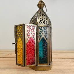 Handmade Recycled Gold Metal & Glass Lantern, Beautiful Moroccan Style Bohemian Fair Trade Multi Coloured T Light Holder - thumbnail 2