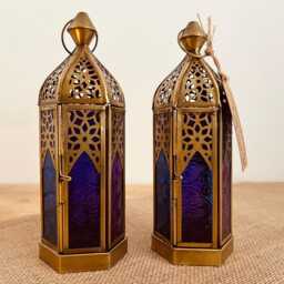 Handmade Recycled Gold Metal & Glass Lantern, Beautiful Moroccan Style Bohemian Fair Trade Multi Coloured T Light Holder - thumbnail 2