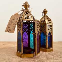 Handmade Recycled Gold Metal & Glass Lantern, Beautiful Moroccan Style Bohemian Fair Trade Multi Coloured T Light Holder - thumbnail 3