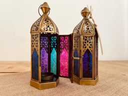 Handmade Recycled Gold Metal & Glass Lantern, Beautiful Moroccan Style Bohemian Fair Trade Multi Coloured T Light Holder - thumbnail 1