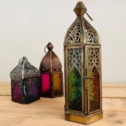 Handmade Recycled Gold Metal & Glass Lantern, Beautiful Moroccan Style Bohemian Fair Trade Multi Coloured T Light Holder - thumbnail 4