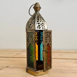 Handmade Recycled Gold Metal & Glass Lantern, Beautiful Moroccan Style Bohemian Fair Trade Multi Coloured T Light Holder - thumbnail 3