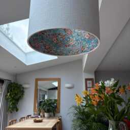 Luxury Lampshade Using Beautiful Japanese Chirugami - Yuzen Paper Cream Linen Exterior, Teal/Turquoise Interior - thumbnail 3