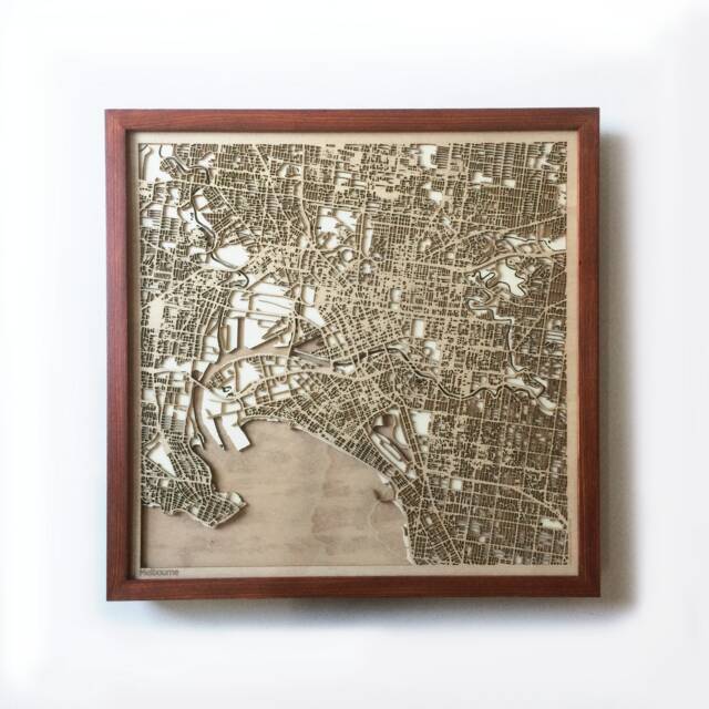 Melbourne Wooden Street Map - 3D Laser Cut Mahogany Framed Art - image 1