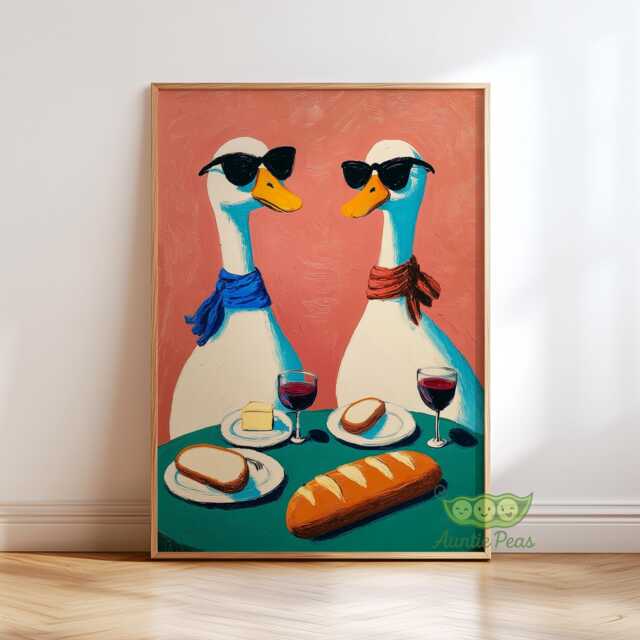 Duck Wine Party Wall Art, Quirky Animal Pring, Whimsical Bird Dining Room Decor, Retro Poster, Fun Kitchen Silly Goose - image 1