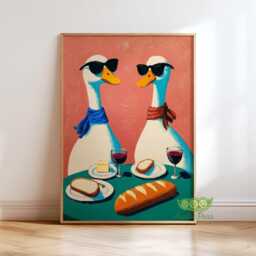 Duck Wine Party Wall Art, Quirky Animal Pring, Whimsical Bird Dining Room Decor, Retro Poster, Fun Kitchen Silly Goose - thumbnail 1