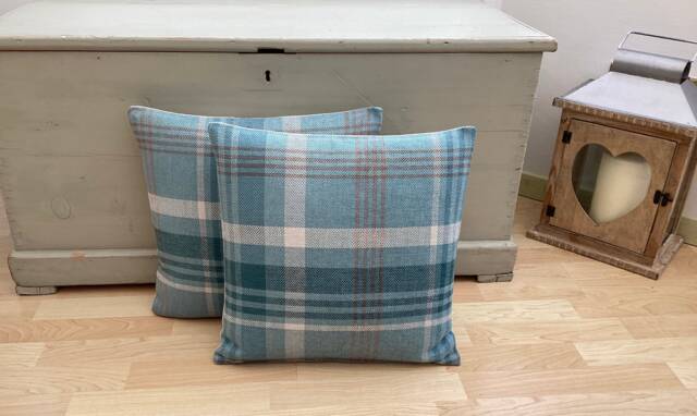 Tartan Throw Pillow Covers Teal Blue Feather Filled Cushions - Set Of 2 - image 1
