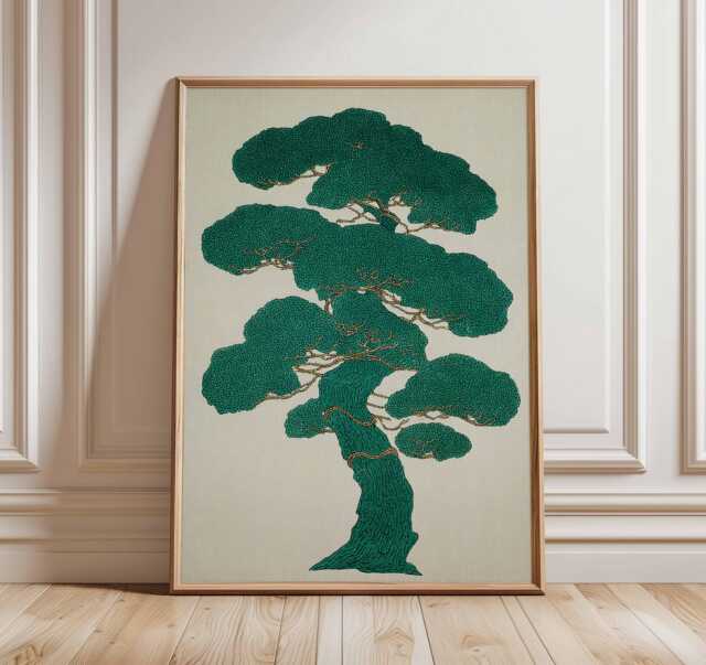 Japanese Tree Art Print, Minimalist Nature Poster, Zen Botanical Wall Art, Modern Green Artwork, Asian Inspired Home Decor - image 1