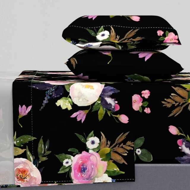Watercolor Roses Sheets - Colette Blooms Black By Shopcabin Romantic Florals Soft Cotton Sateen Sheet Set Bedding Spoonflower - image 1