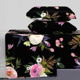 Watercolor Roses Sheets - Colette Blooms Black By Shopcabin Romantic Florals Soft Cotton Sateen Sheet Set Bedding Spoonflower