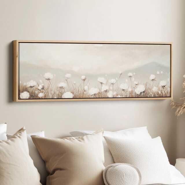 Soft Bog Cotton Long Horizontal Wall Art Wide Canvas For Bedroom Above Bed Nature Inspired Panoramic Decor - image 1