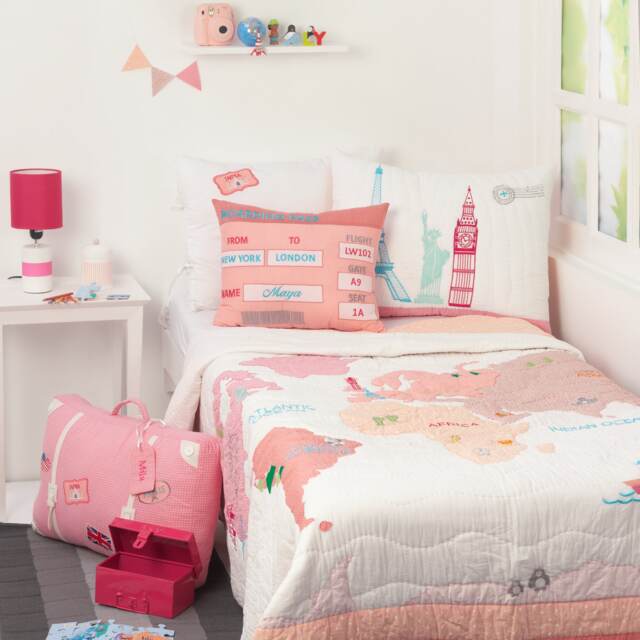 World Map Kids Bedding Set - Pink Girls Room Decor, Personalized Quilt - image 1